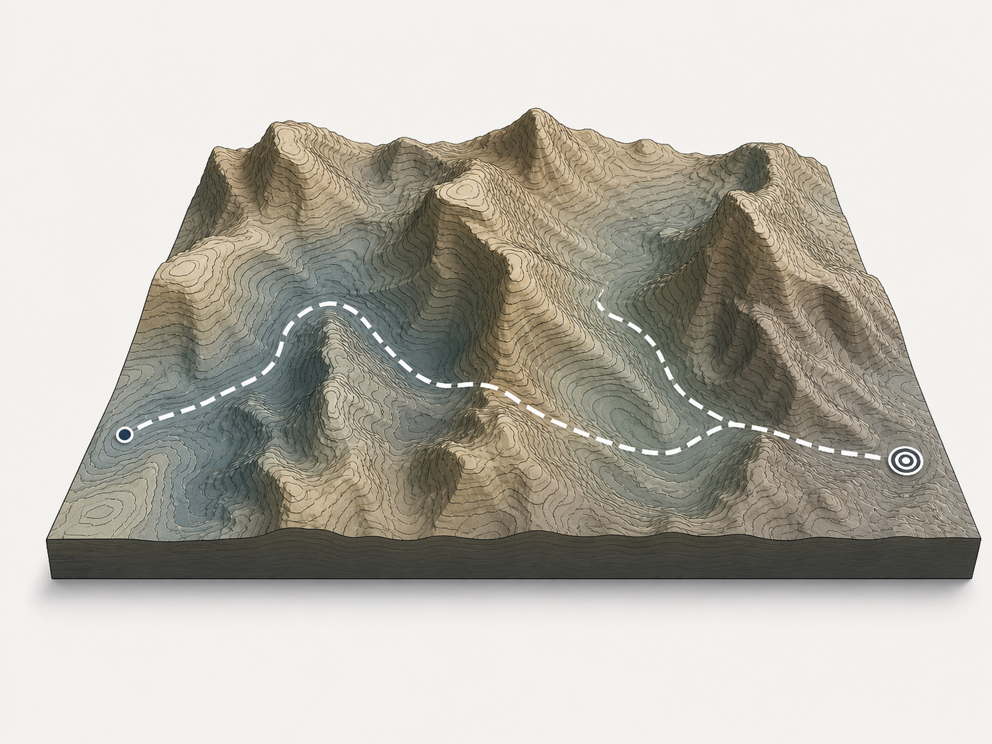 Resistance Landscape — 3D topographic terrain with a path threading through valleys